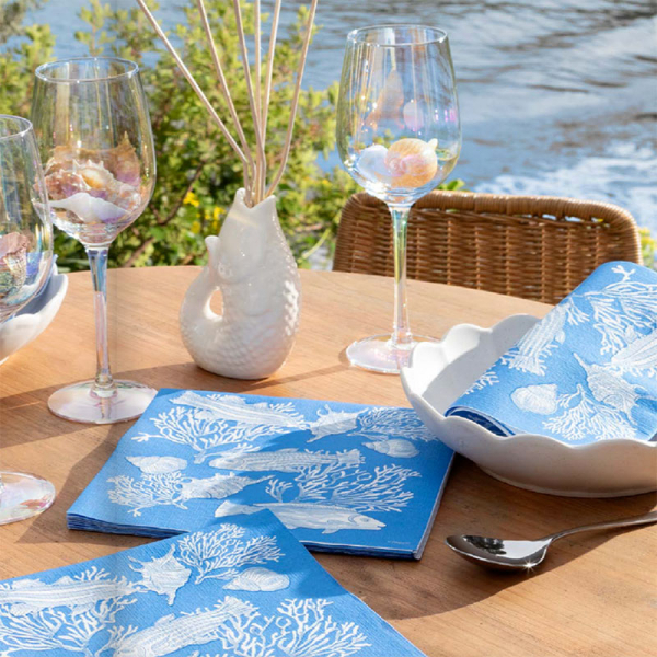 Paviot, Serviette, bedruckt mit Fond Marin Meeresboden blau, style